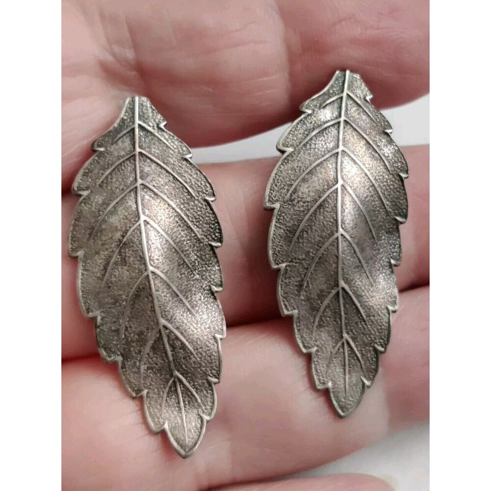 Vintage Signed Silver Tone Bartek Clip On Earrings Leaf Design 1.5"